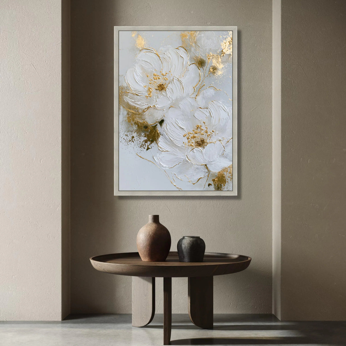 Elegant White Floral Canvas Wall Art, Modern Flower Painting, Gold Accent Decor, Large Botanical Canvas, Home Wall Canvas Print Art