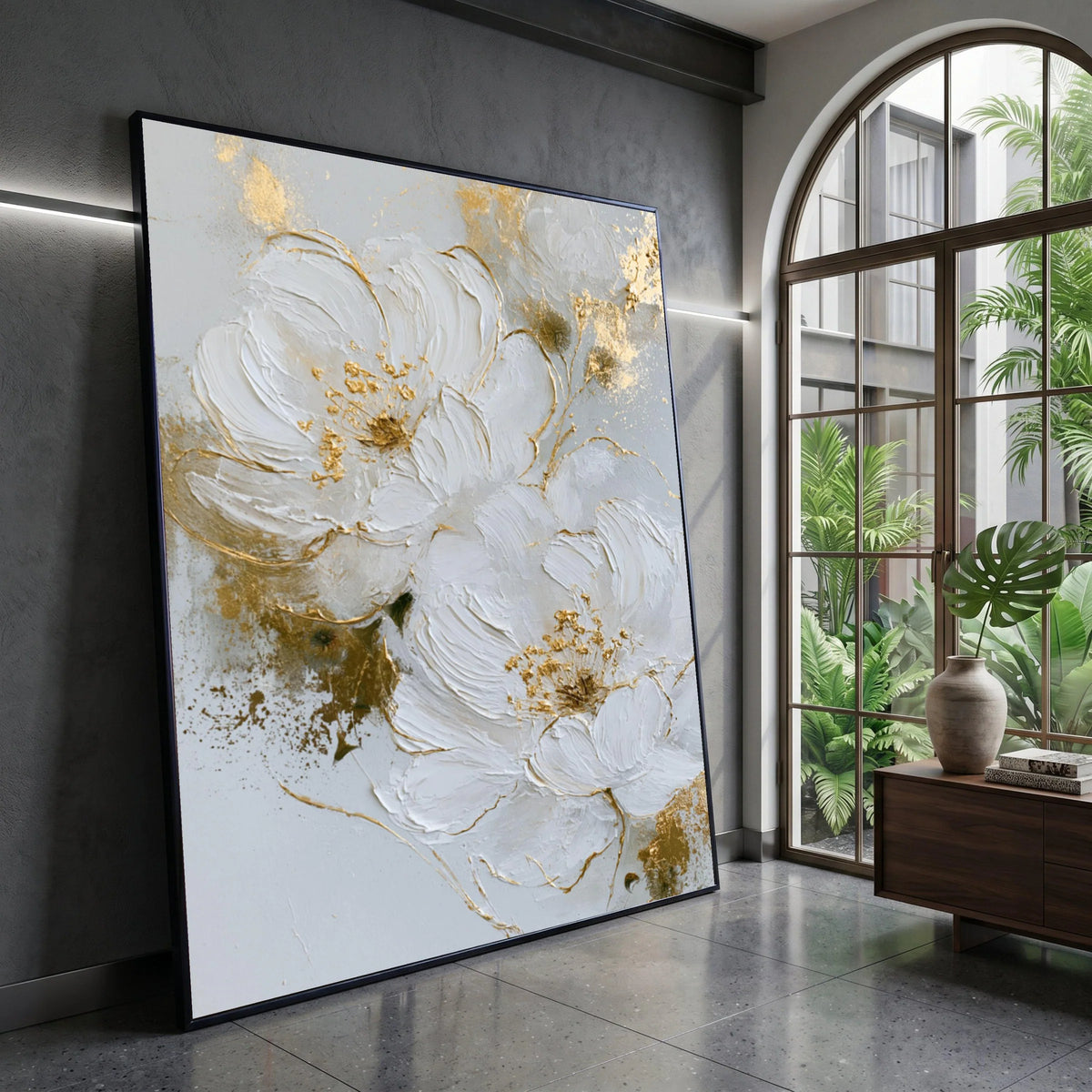 Elegant White Floral Canvas Wall Art, Modern Flower Painting, Gold Accent Decor, Large Botanical Canvas, Home Wall Canvas Print Art