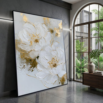 Elegant White Floral Canvas Wall Art, Modern Flower Painting, Gold Accent Decor, Large Botanical Canvas, Home Wall Canvas Print Art