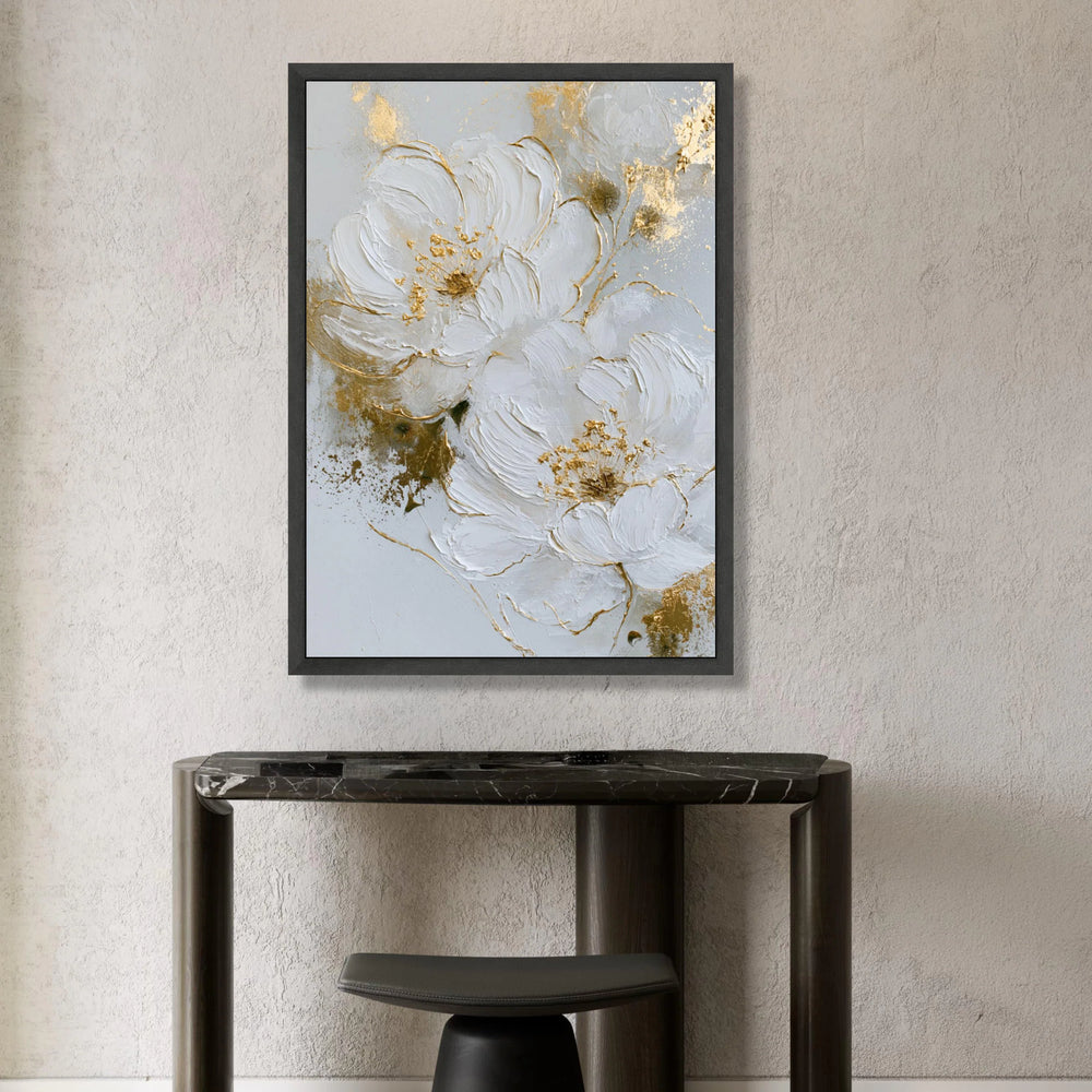 Elegant White Floral Canvas Wall Art, Modern Flower Painting, Gold Accent Decor, Large Botanical Canvas, Home Wall Canvas Print Art