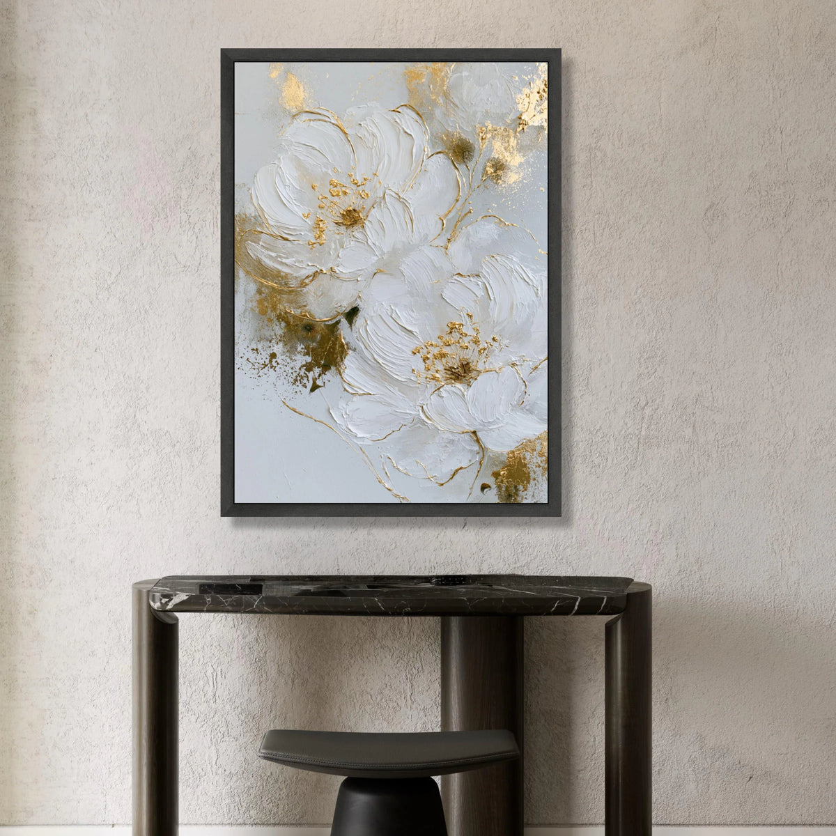 Elegant White Floral Canvas Wall Art, Modern Flower Painting, Gold Accent Decor, Large Botanical Canvas, Home Wall Canvas Print Art