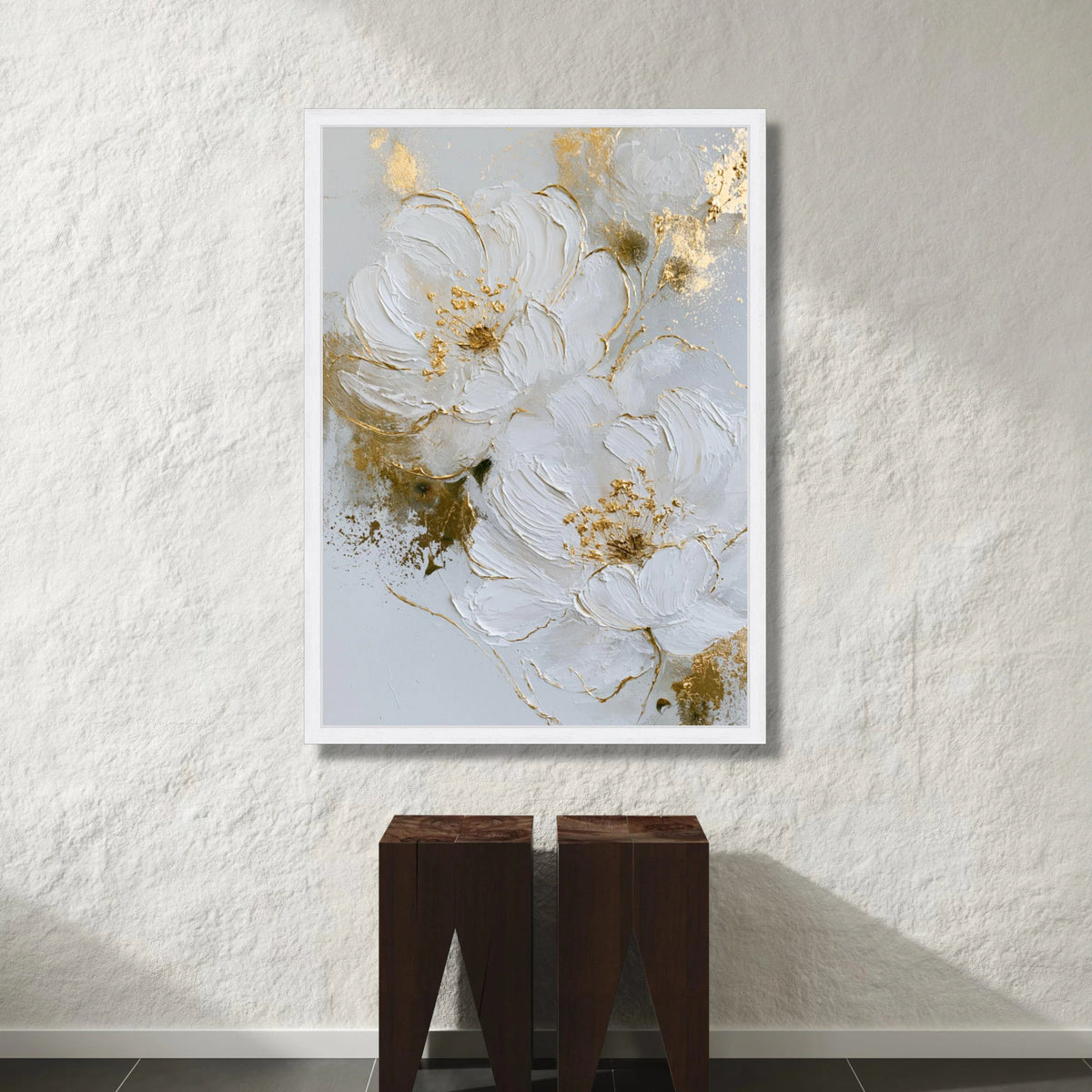 Elegant White Floral Canvas Wall Art, Modern Flower Painting, Gold Accent Decor, Large Botanical Canvas, Home Wall Canvas Print Art