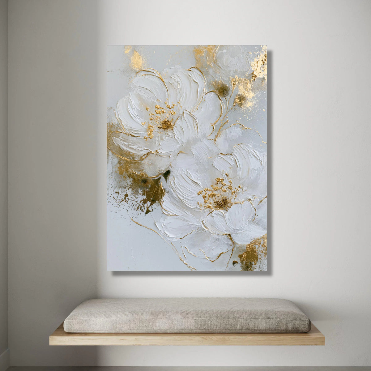 Elegant White Floral Canvas Wall Art, Modern Flower Painting, Gold Accent Decor, Large Botanical Canvas, Home Wall Canvas Print Art