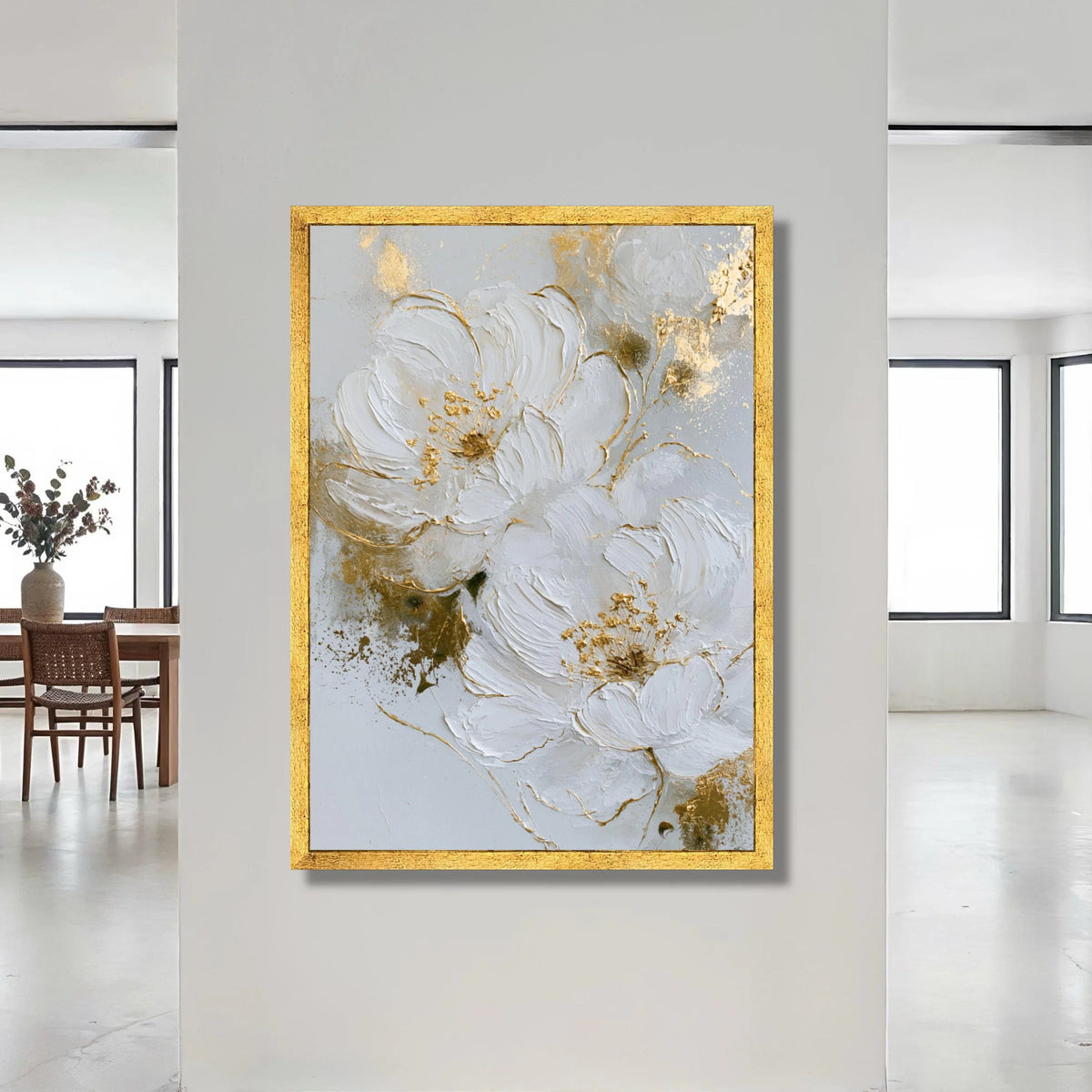 Elegant White Floral Canvas Wall Art, Modern Flower Painting, Gold Accent Decor, Large Botanical Canvas, Home Wall Canvas Print Art