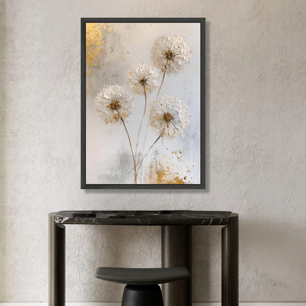 Elegant Dandelion Canvas Wall Art, Neutral Floral Decor, Soft White and Gold Botanical Canvas, Modern Nature Artwork, Ready Canvas Print Art