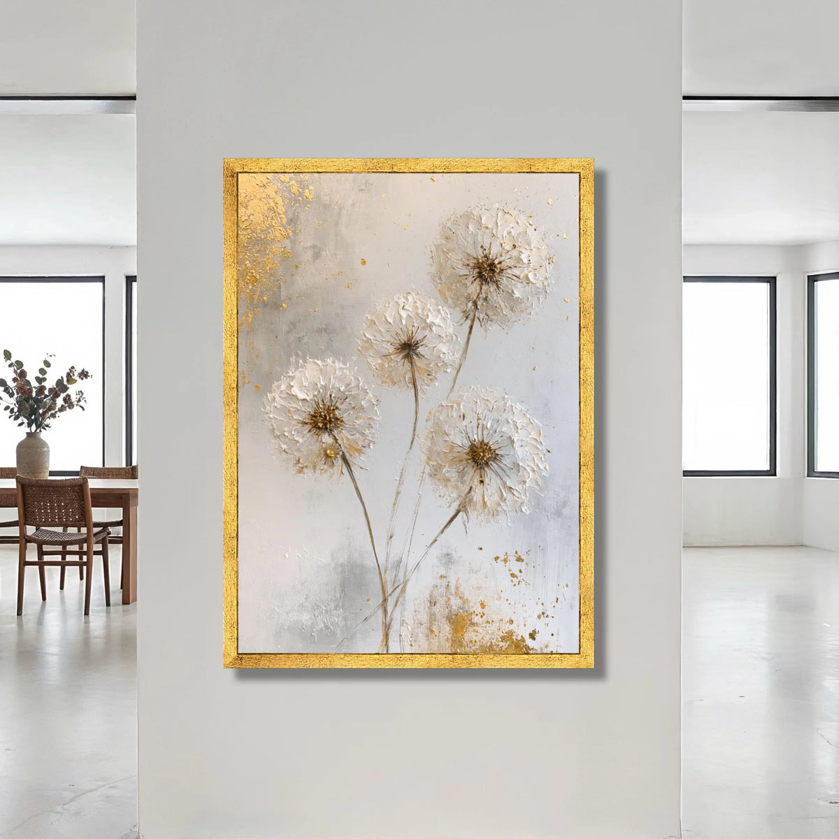 Elegant Dandelion Canvas Wall Art, Neutral Floral Decor, Soft White and Gold Botanical Canvas, Modern Nature Artwork, Ready Canvas Print Art