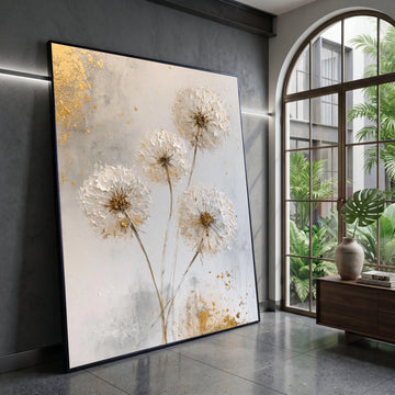Elegant Dandelion Canvas Wall Art, Neutral Floral Decor, Soft White and Gold Botanical Canvas, Modern Nature Artwork, Ready Canvas Print Art