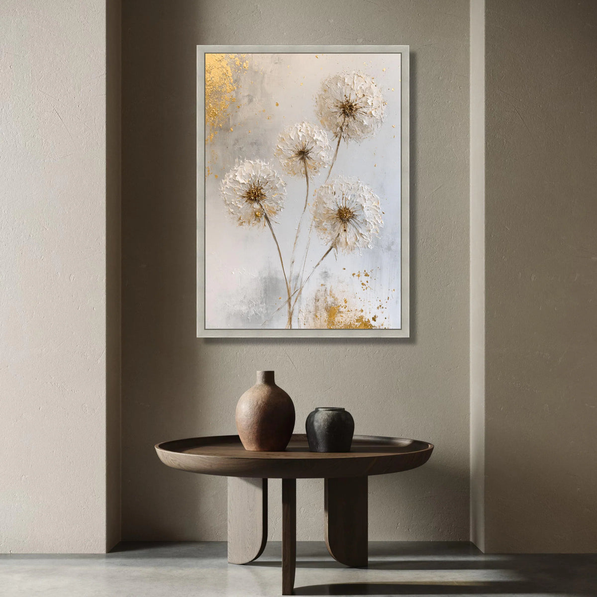 Elegant Dandelion Canvas Wall Art, Neutral Floral Decor, Soft White and Gold Botanical Canvas, Modern Nature Artwork, Ready Canvas Print Art