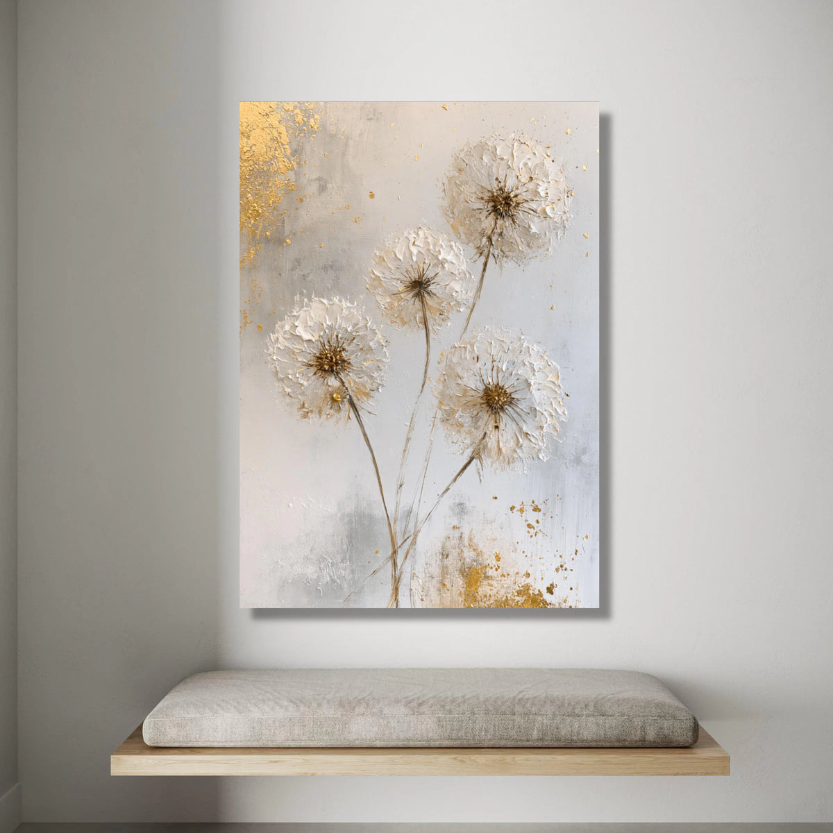 Elegant Dandelion Canvas Wall Art, Neutral Floral Decor, Soft White and Gold Botanical Canvas, Modern Nature Artwork, Ready Canvas Print Art