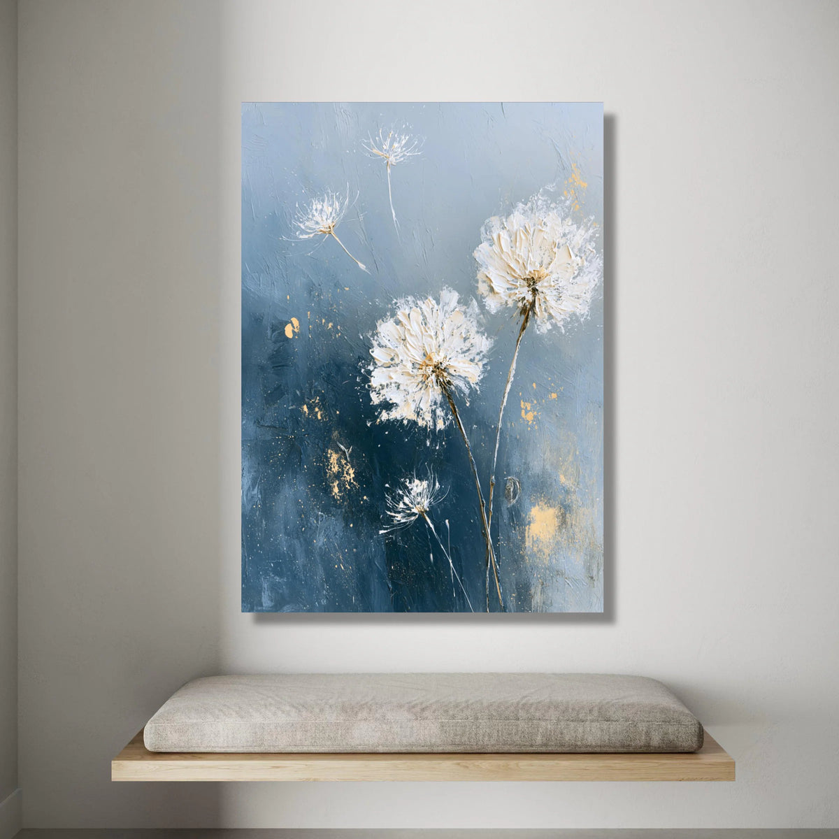Elegant Dandelion Seeds Canvas, Blue Floral Wall Art, Modern Botanical Canvas, Nature Home Decoration, Ready to Hang Canvas Print Art