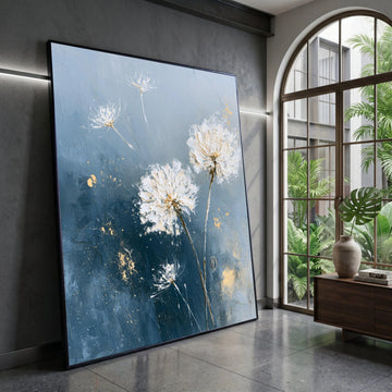 Elegant Dandelion Seeds Canvas, Blue Floral Wall Art, Modern Botanical Canvas, Nature Home Decoration, Ready to Hang Canvas Print Art