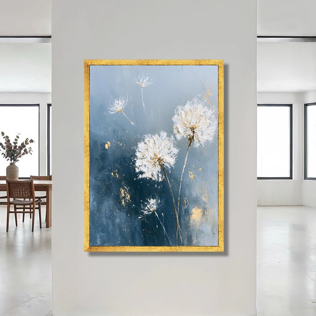 Elegant Dandelion Seeds Canvas, Blue Floral Wall Art, Modern Botanical Canvas, Nature Home Decoration, Ready to Hang Canvas Print Art