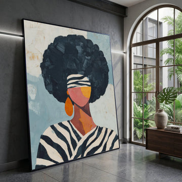 Afro Hair Woman Canvas Wall Art, Abstract Ethnic Portrait, Modern African Fashion, Striped Headband Canvas, Large Wall Art Canvas Print Art