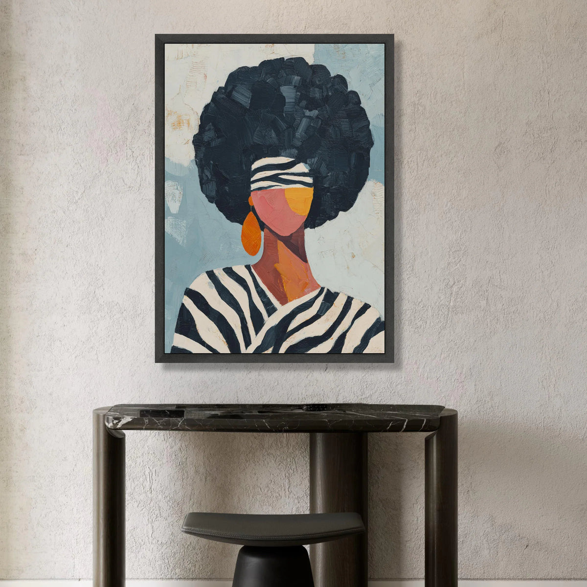 Afro Hair Woman Canvas Wall Art, Abstract Ethnic Portrait, Modern African Fashion, Striped Headband Canvas, Large Wall Art Canvas Print Art