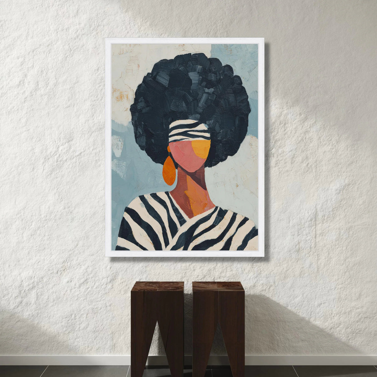 Afro Hair Woman Canvas Wall Art, Abstract Ethnic Portrait, Modern African Fashion, Striped Headband Canvas, Large Wall Art Canvas Print Art
