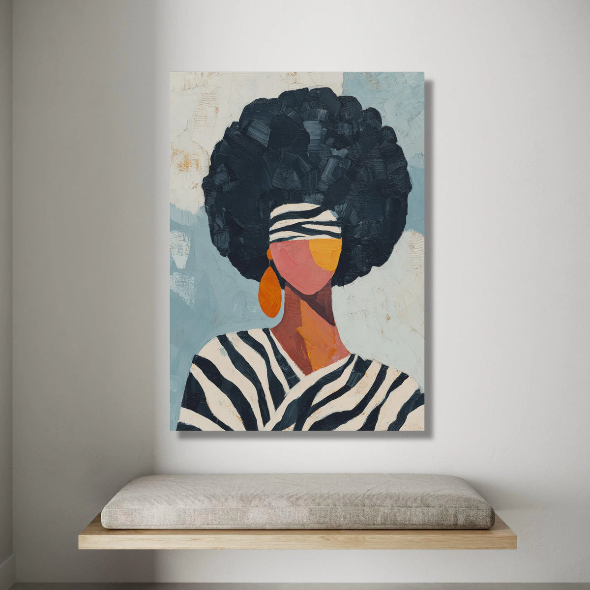 Afro Hair Woman Canvas Wall Art, Abstract Ethnic Portrait, Modern African Fashion, Striped Headband Canvas, Large Wall Art Canvas Print Art