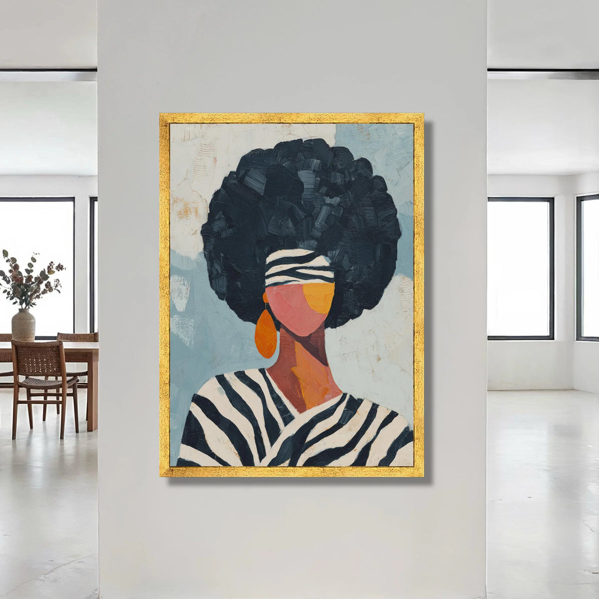 Afro Hair Woman Canvas Wall Art, Abstract Ethnic Portrait, Modern African Fashion, Striped Headband Canvas, Large Wall Art Canvas Print Art