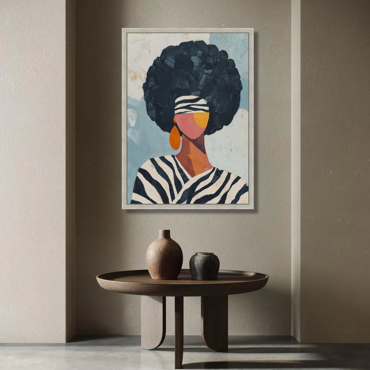 Afro Hair Woman Canvas Wall Art, Abstract Ethnic Portrait, Modern African Fashion, Striped Headband Canvas, Large Wall Art Canvas Print Art