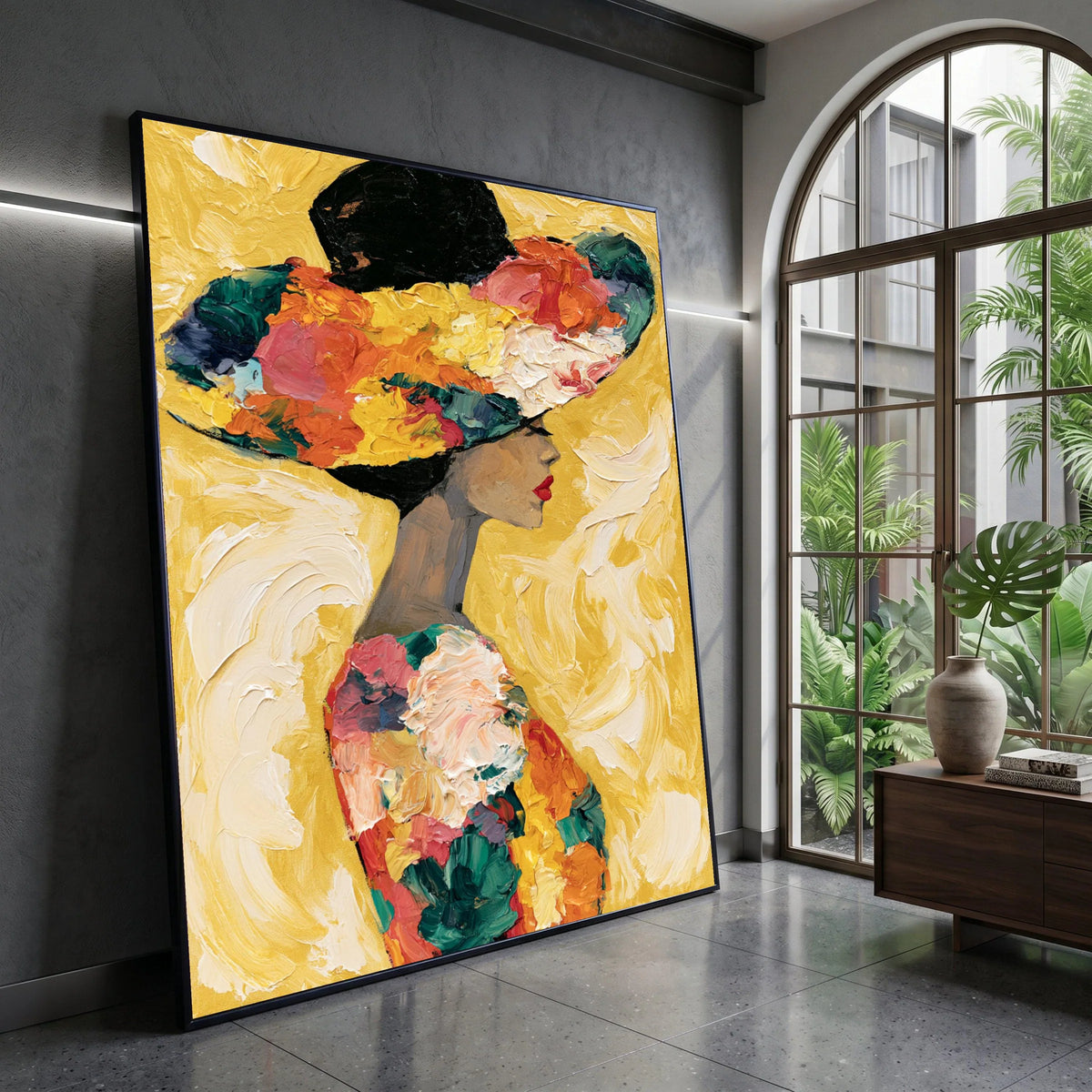 Elegant Woman Floral Hat Canvas, Modern Portrait Wall Art, Colorful Fashion Illustration, Feminine Home Decor, Gallery Canvas Print Art