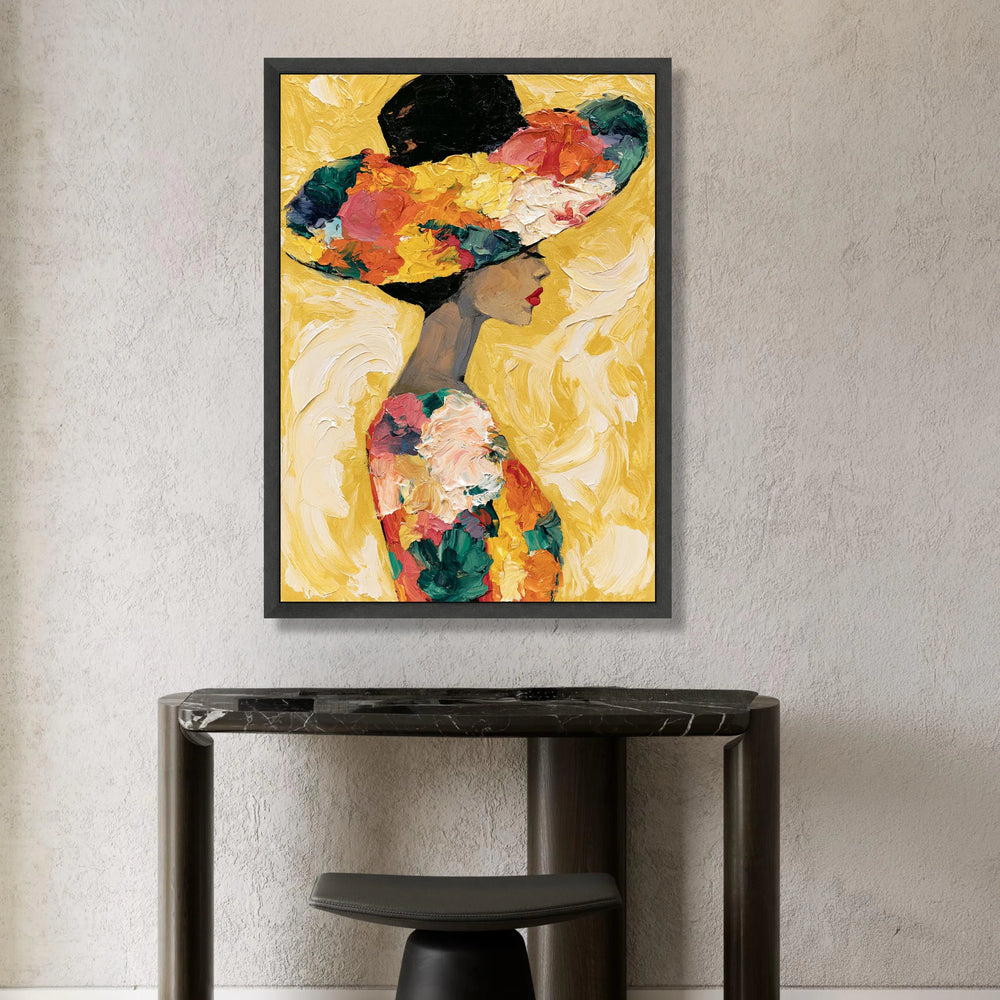 Elegant Woman Floral Hat Canvas, Modern Portrait Wall Art, Colorful Fashion Illustration, Feminine Home Decor, Gallery Canvas Print Art