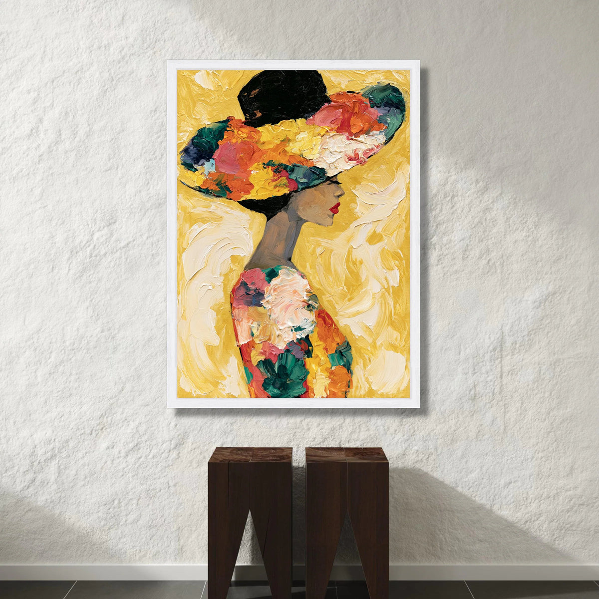 Elegant Woman Floral Hat Canvas, Modern Portrait Wall Art, Colorful Fashion Illustration, Feminine Home Decor, Gallery Canvas Print Art