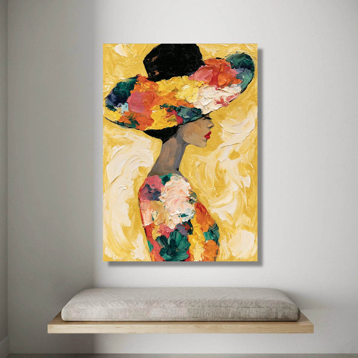 Elegant Woman Floral Hat Canvas, Modern Portrait Wall Art, Colorful Fashion Illustration, Feminine Home Decor, Gallery Canvas Print Art