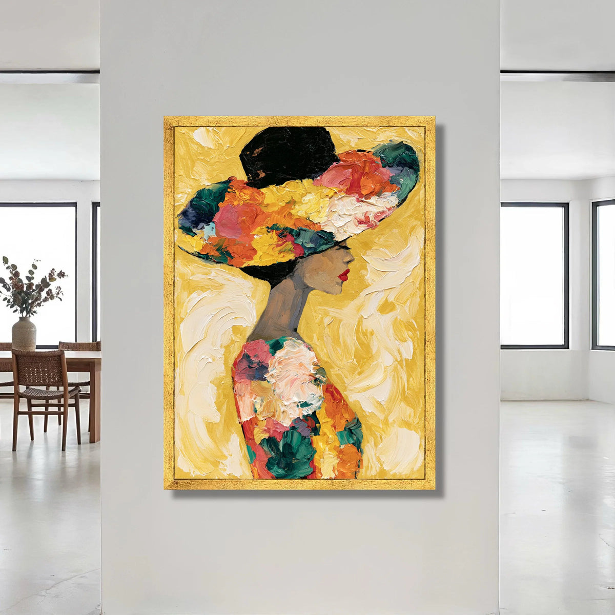 Elegant Woman Floral Hat Canvas, Modern Portrait Wall Art, Colorful Fashion Illustration, Feminine Home Decor, Gallery Canvas Print Art