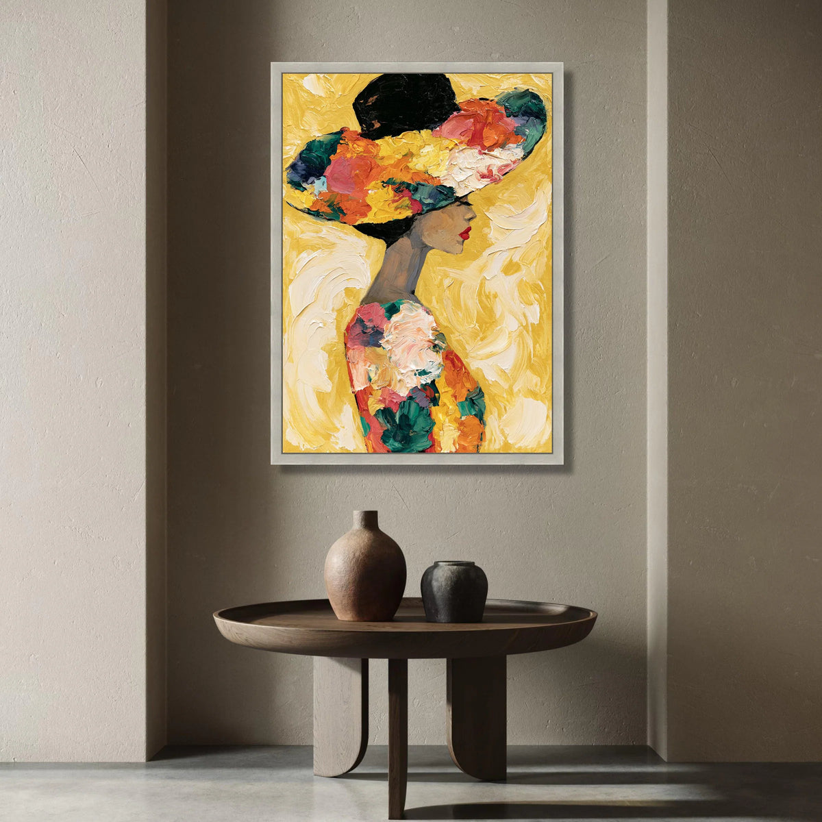 Elegant Woman Floral Hat Canvas, Modern Portrait Wall Art, Colorful Fashion Illustration, Feminine Home Decor, Gallery Canvas Print Art