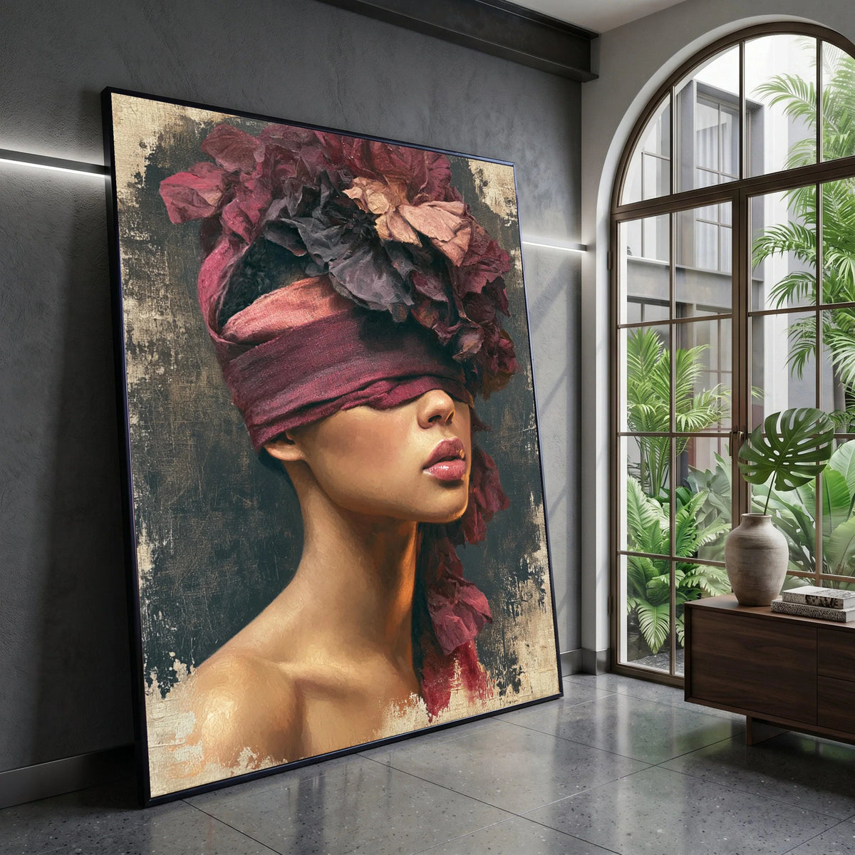 Elegant Woman Portrait Canvas Wall Art, Floral Headpiece Artwork, Modern Female Figure Canvas, Contemporary Home Decor Canvas Print Art