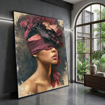 Elegant Woman Portrait Canvas Wall Art, Floral Headpiece Artwork, Modern Female Figure Canvas, Contemporary Home Decor Canvas Print Art