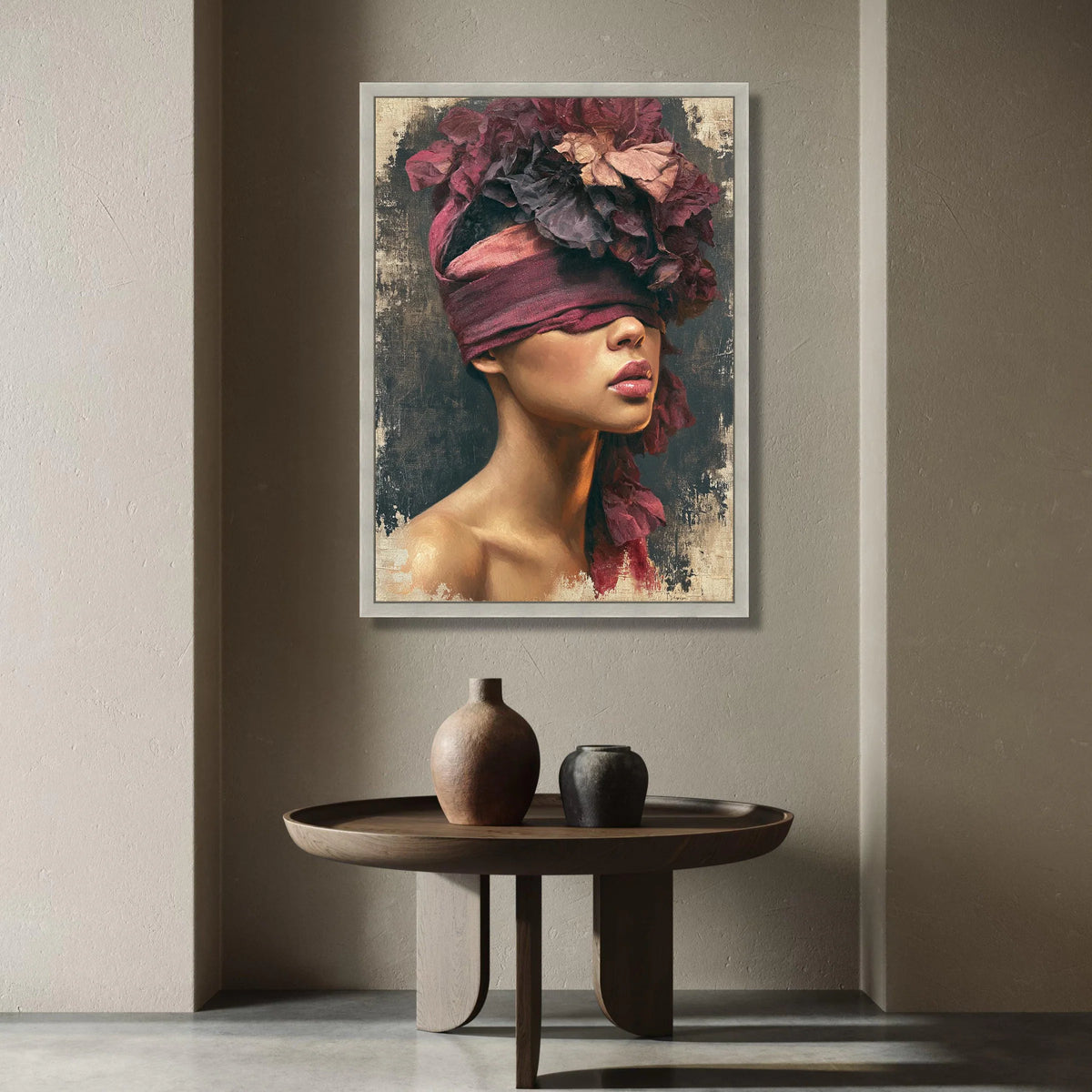 Elegant Woman Portrait Canvas Wall Art, Floral Headpiece Artwork, Modern Female Figure Canvas, Contemporary Home Decor Canvas Print Art