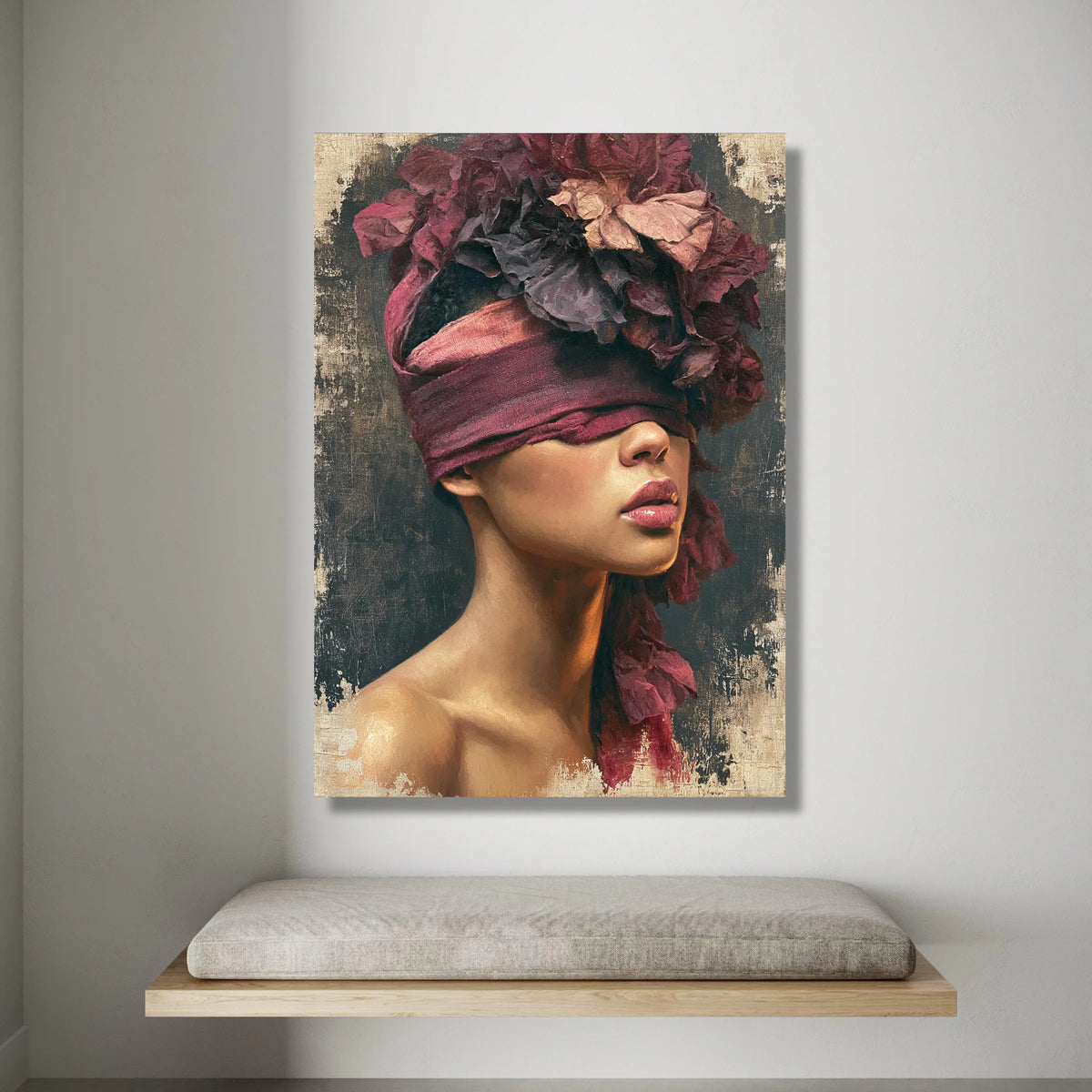 Elegant Woman Portrait Canvas Wall Art, Floral Headpiece Artwork, Modern Female Figure Canvas, Contemporary Home Decor Canvas Print Art