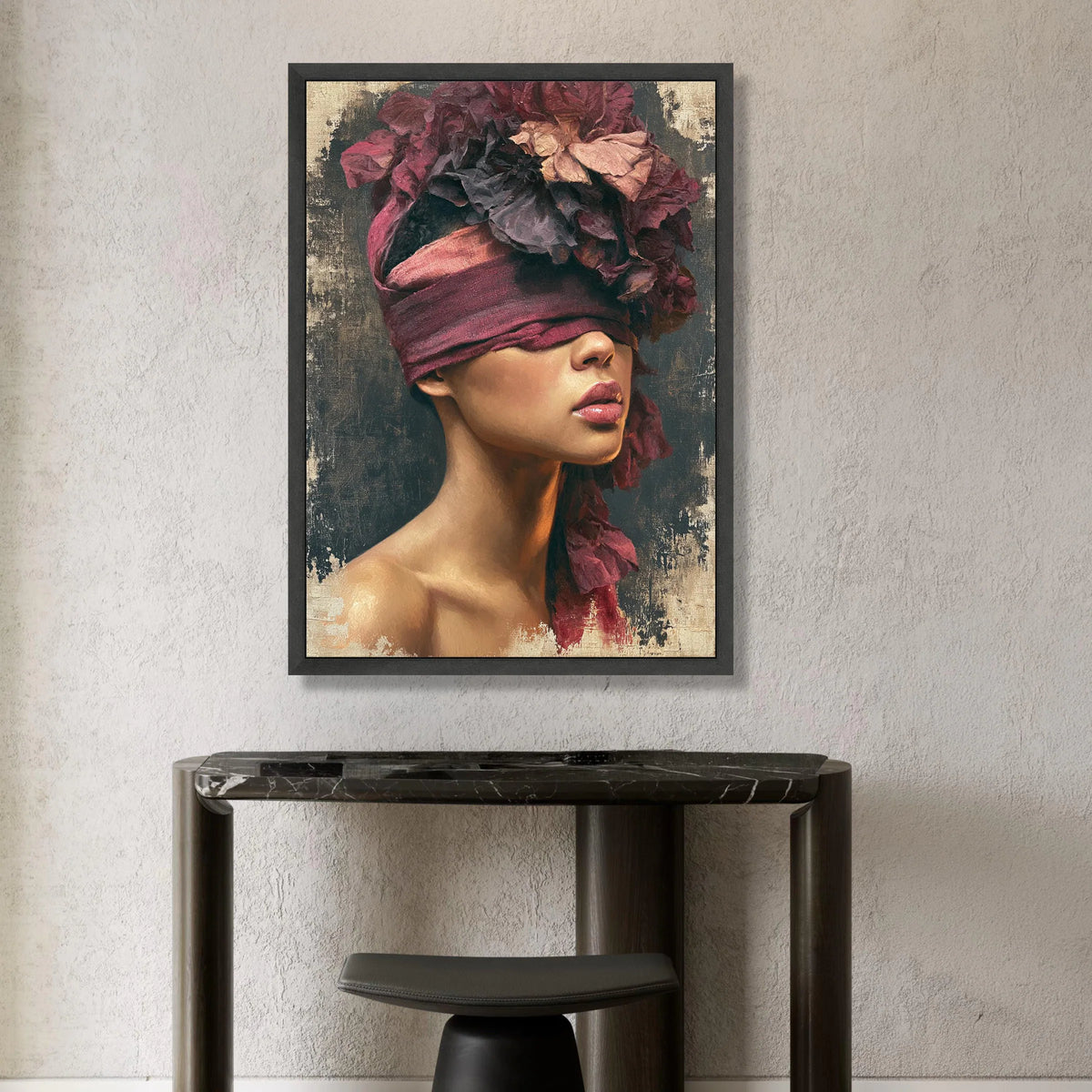 Elegant Woman Portrait Canvas Wall Art, Floral Headpiece Artwork, Modern Female Figure Canvas, Contemporary Home Decor Canvas Print Art
