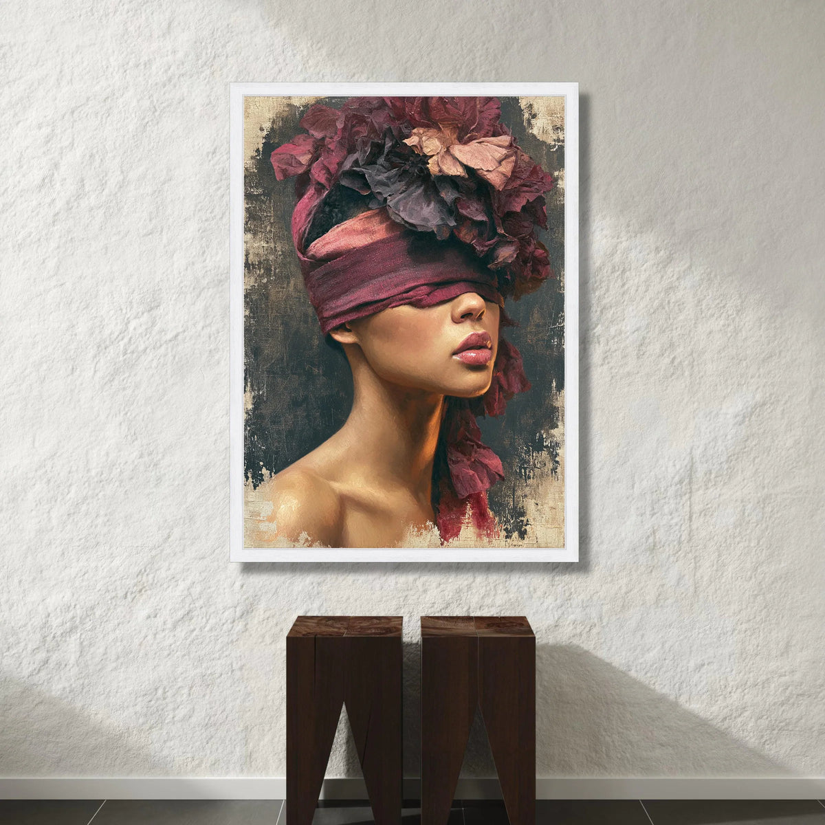 Elegant Woman Portrait Canvas Wall Art, Floral Headpiece Artwork, Modern Female Figure Canvas, Contemporary Home Decor Canvas Print Art