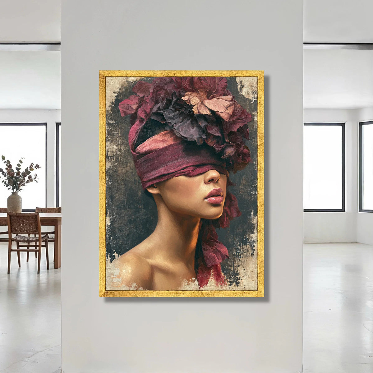 Elegant Woman Portrait Canvas Wall Art, Floral Headpiece Artwork, Modern Female Figure Canvas, Contemporary Home Decor Canvas Print Art