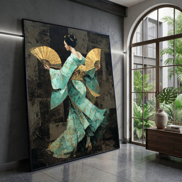 Elegant Geisha Dance Canvas, Japanese Fan Wall Art, Traditional Kimono Decoration, Asian Culture Canvas, Home Accent Art Canvas Print Art