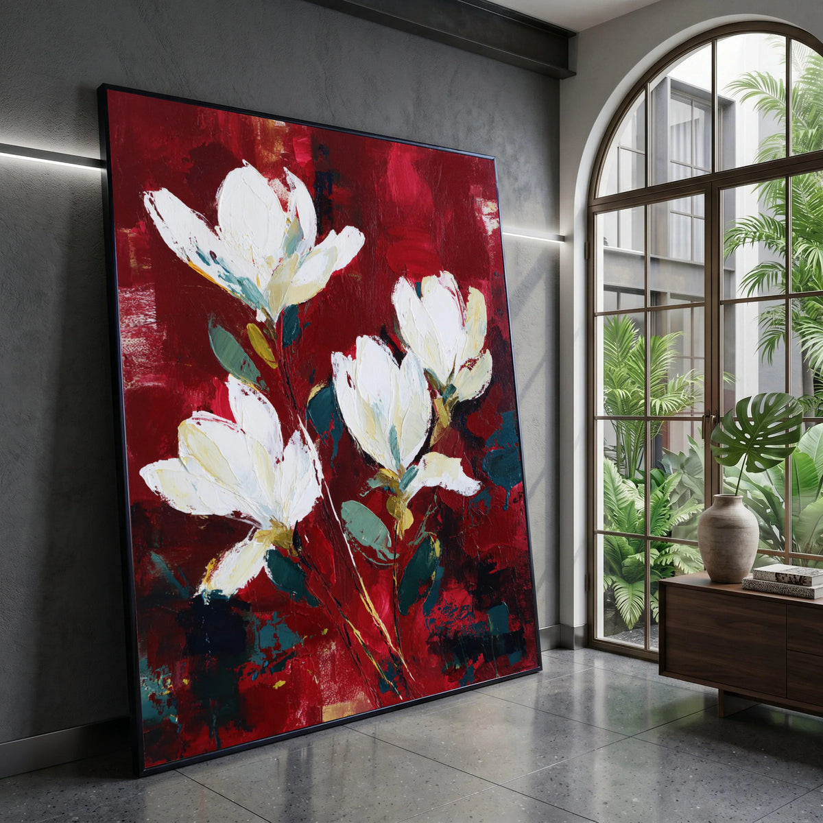 Elegant White Magnolia Flowers Canvas, Red Floral Wall Art, Botanical Home Decoration, Modern Nature Painting, Ready to Canvas Print Art