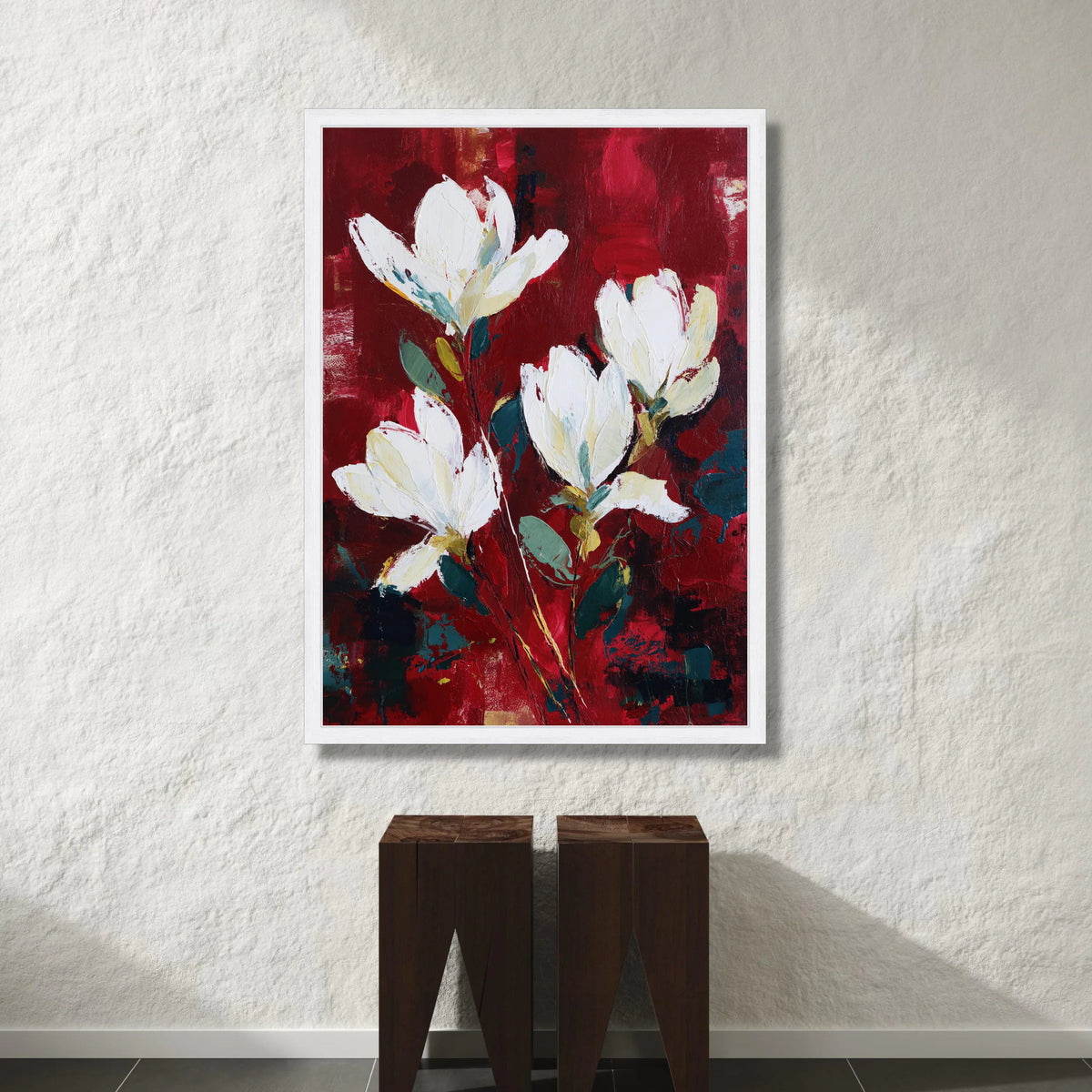 Elegant White Magnolia Flowers Canvas, Red Floral Wall Art, Botanical Home Decoration, Modern Nature Painting, Ready to Canvas Print Art