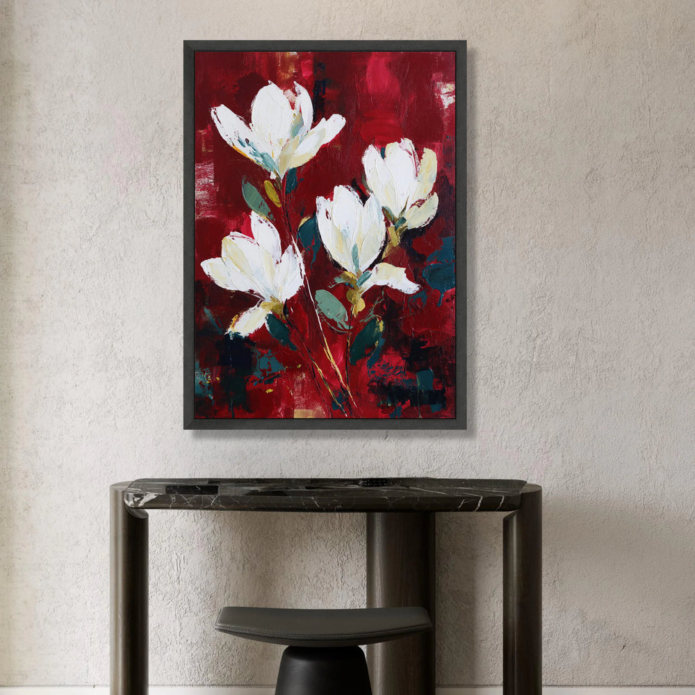 Elegant White Magnolia Flowers Canvas, Red Floral Wall Art, Botanical Home Decoration, Modern Nature Painting, Ready to Canvas Print Art