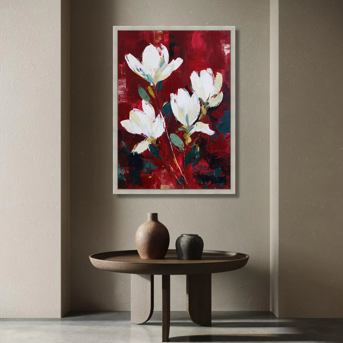 Elegant White Magnolia Flowers Canvas, Red Floral Wall Art, Botanical Home Decoration, Modern Nature Painting, Ready to Canvas Print Art