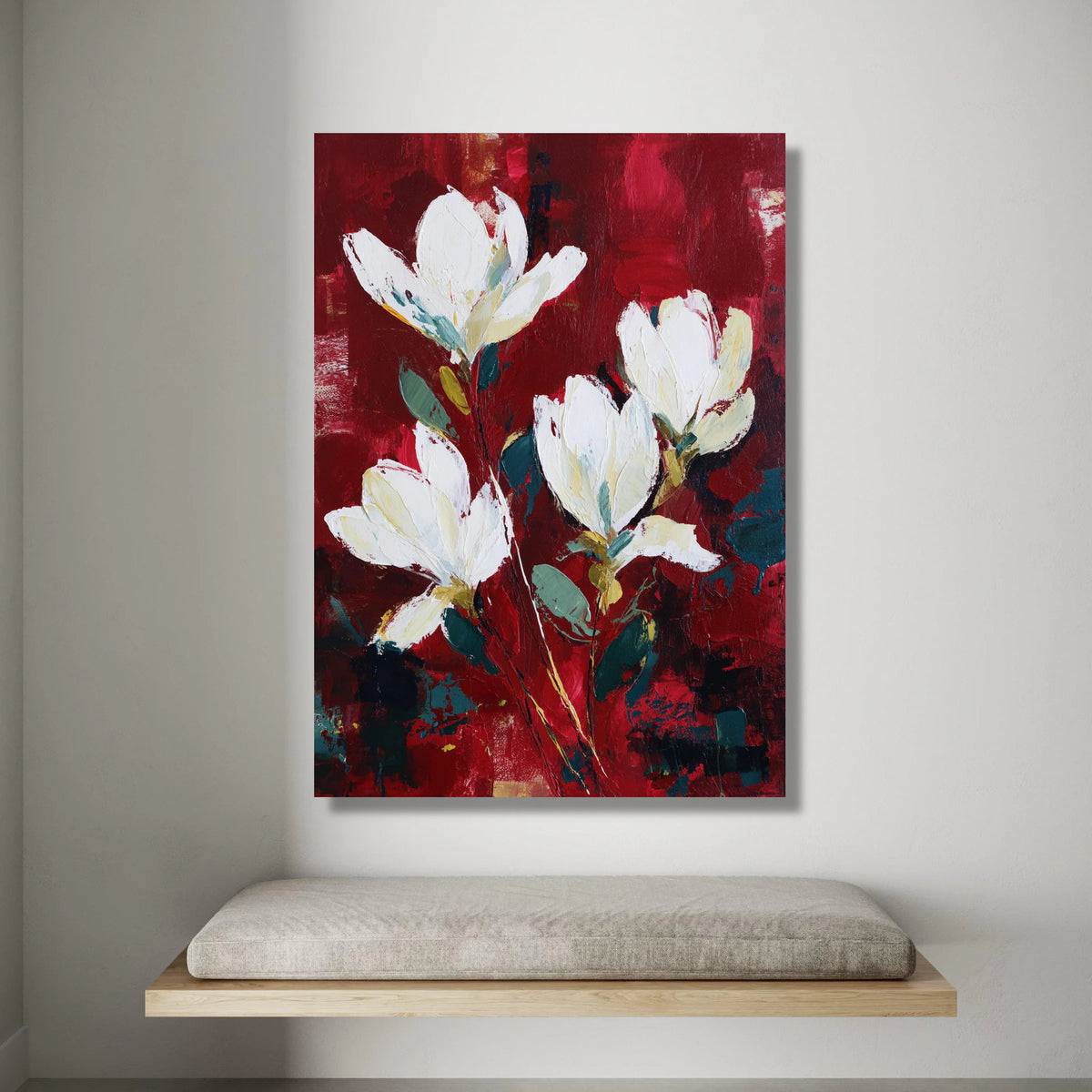 Elegant White Magnolia Flowers Canvas, Red Floral Wall Art, Botanical Home Decoration, Modern Nature Painting, Ready to Canvas Print Art