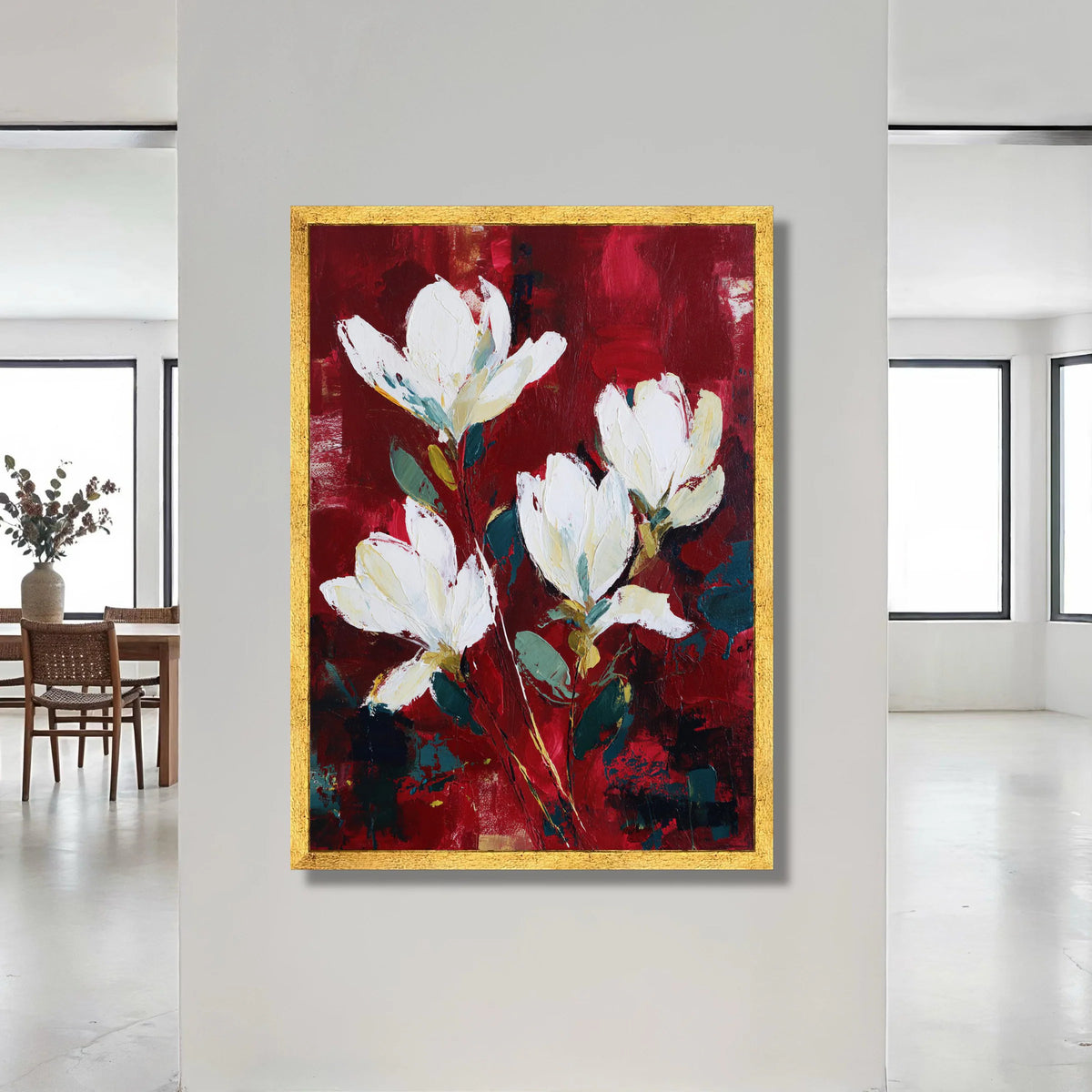 Elegant White Magnolia Flowers Canvas, Red Floral Wall Art, Botanical Home Decoration, Modern Nature Painting, Ready to Canvas Print Art