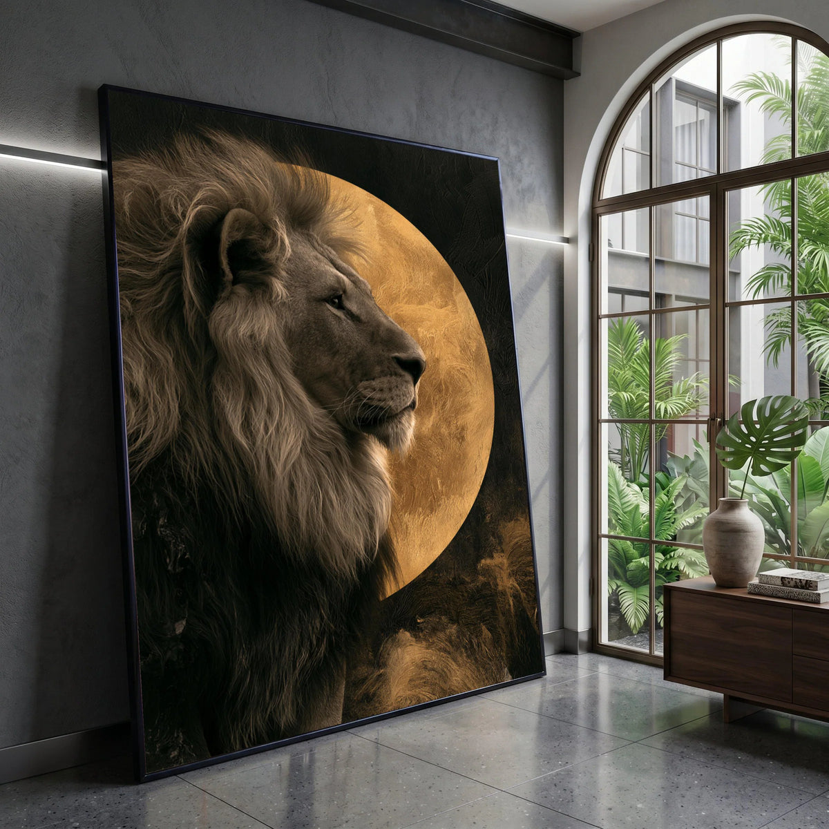Majestic Lion Profile with Golden Moon Canvas, Wildlife Wall Art, Animal Portrait Canvas, Safari Home Decoration, Regal Canvas Print Art