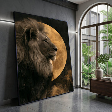 Majestic Lion Profile with Golden Moon Canvas, Wildlife Wall Art, Animal Portrait Canvas, Safari Home Decoration, Regal Canvas Print Art