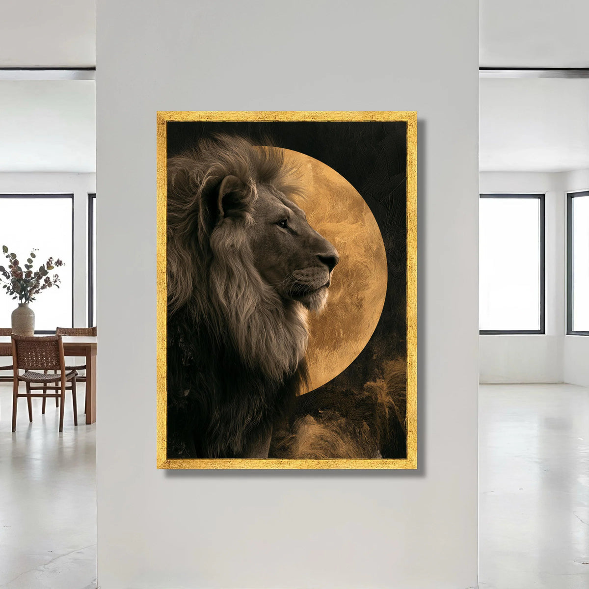 Majestic Lion Profile with Golden Moon Canvas, Wildlife Wall Art, Animal Portrait Canvas, Safari Home Decoration, Regal Canvas Print Art