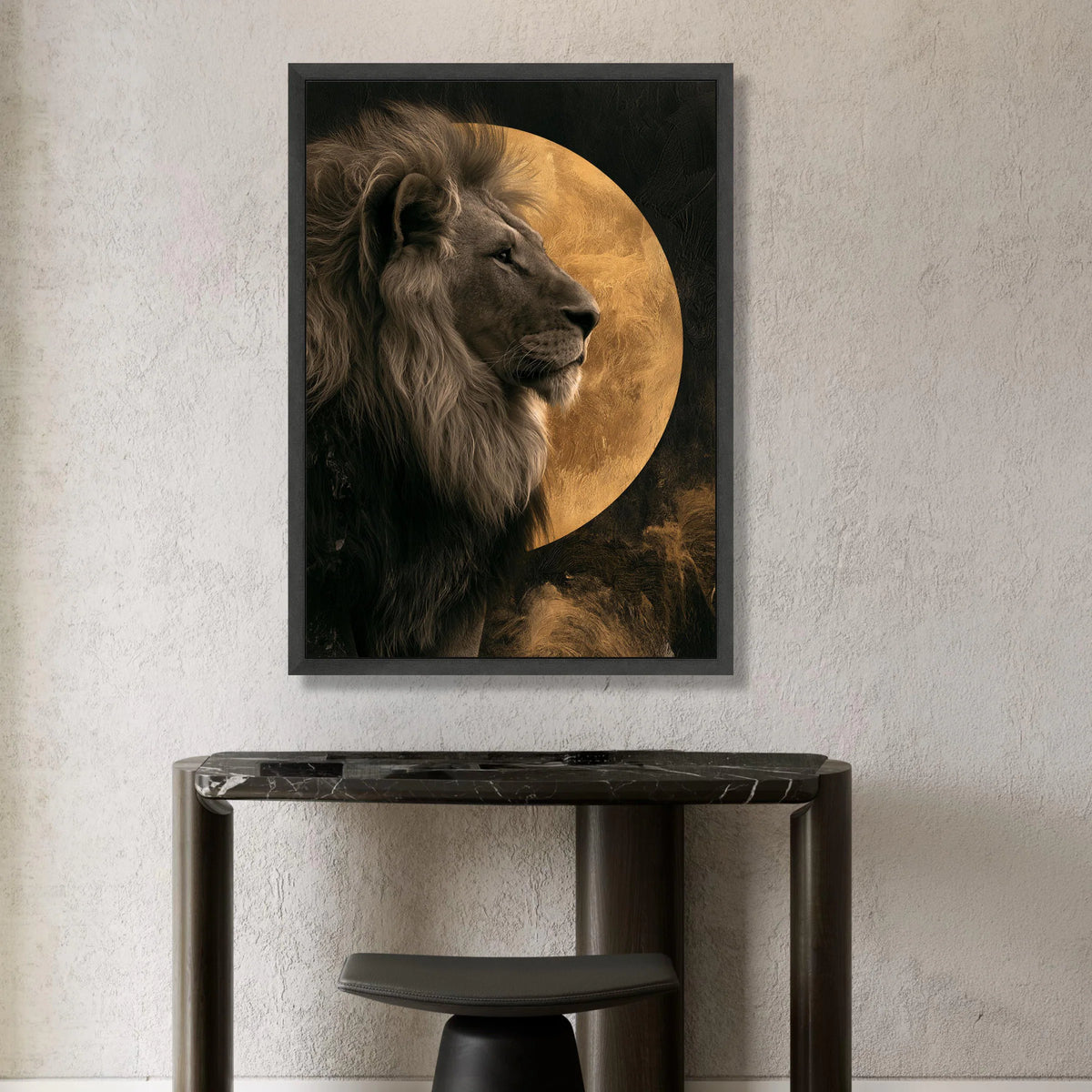 Majestic Lion Profile with Golden Moon Canvas, Wildlife Wall Art, Animal Portrait Canvas, Safari Home Decoration, Regal Canvas Print Art