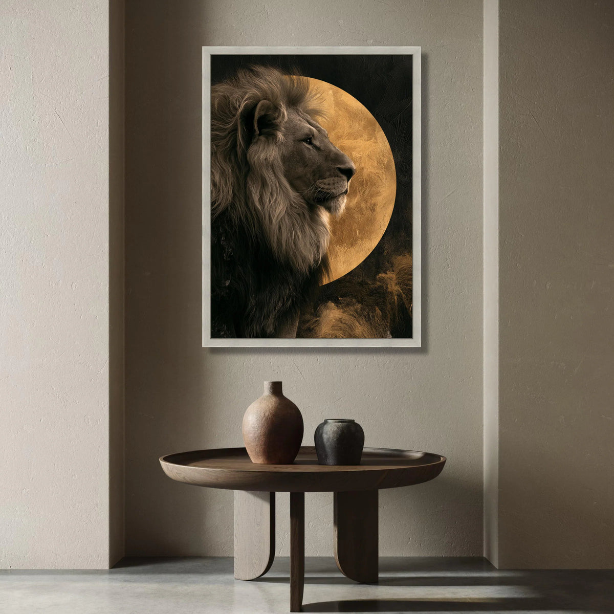 Majestic Lion Profile with Golden Moon Canvas, Wildlife Wall Art, Animal Portrait Canvas, Safari Home Decoration, Regal Canvas Print Art