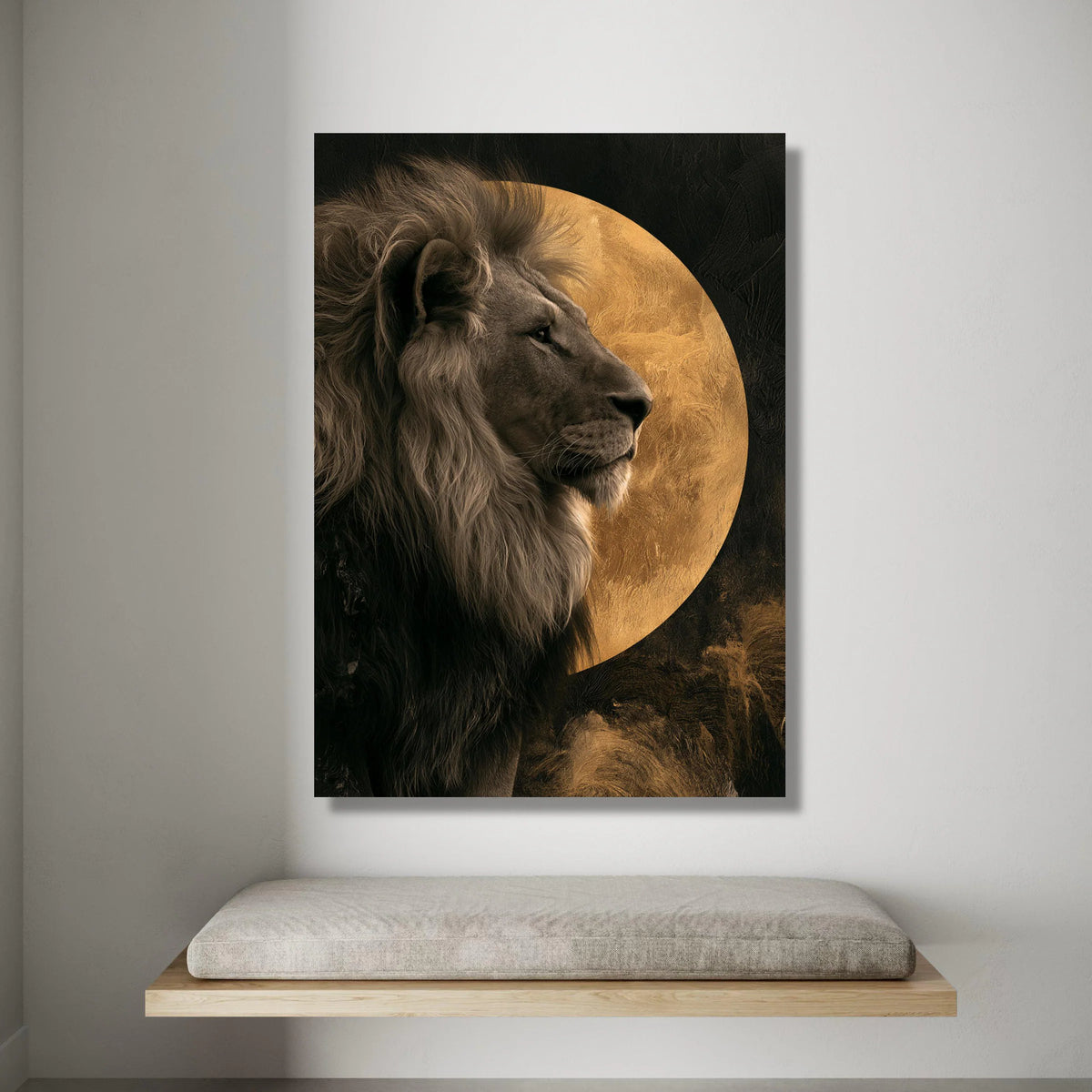 Majestic Lion Profile with Golden Moon Canvas, Wildlife Wall Art, Animal Portrait Canvas, Safari Home Decoration, Regal Canvas Print Art