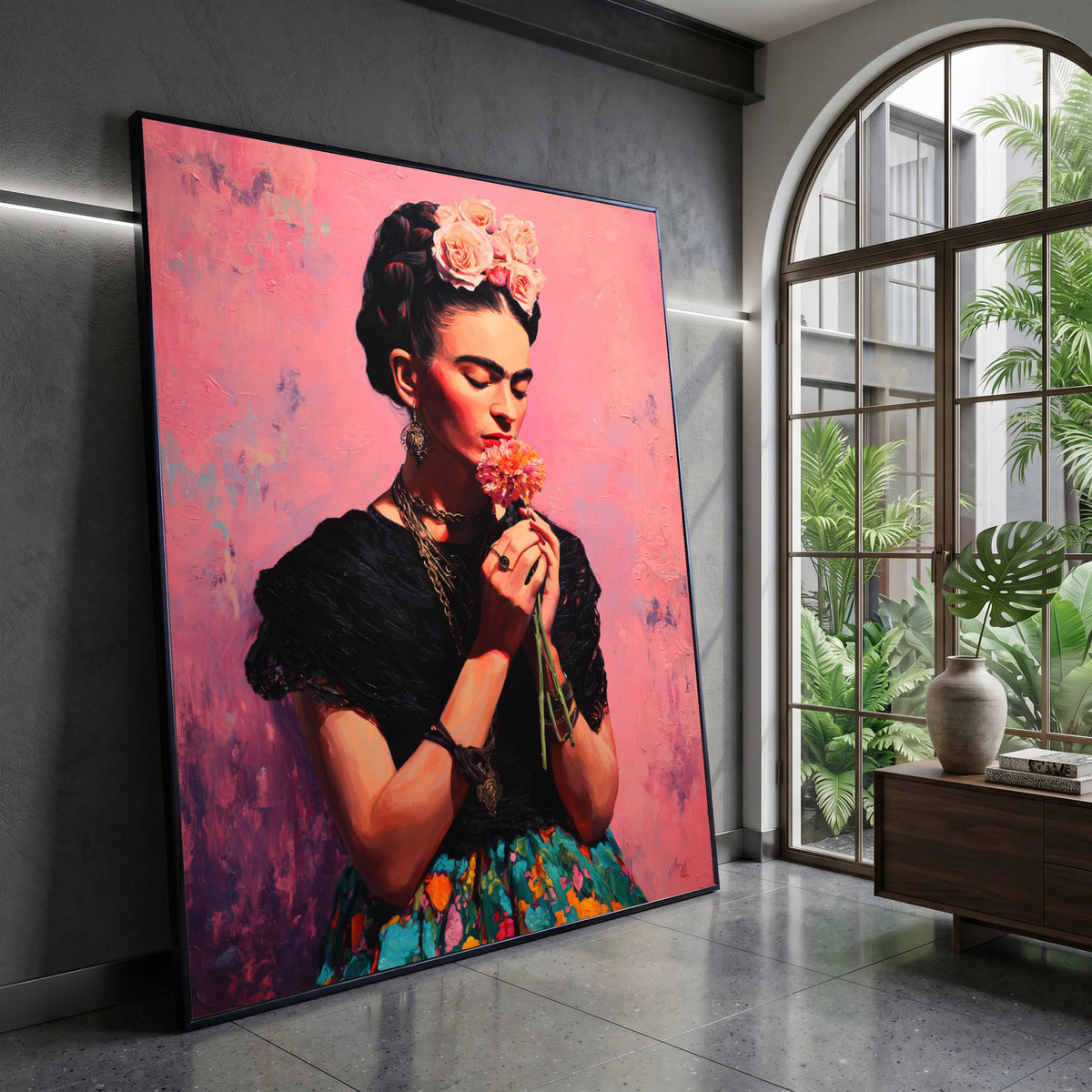 Elegant Woman with Flower Bouquet, Floral Headpiece Canvas, Soft Pink Background, Ethnic Portrait Wall Art, Decorative Home Canvas Print Art