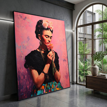 Elegant Woman with Flower Bouquet, Floral Headpiece Canvas, Soft Pink Background, Ethnic Portrait Wall Art, Decorative Home Canvas Print Art